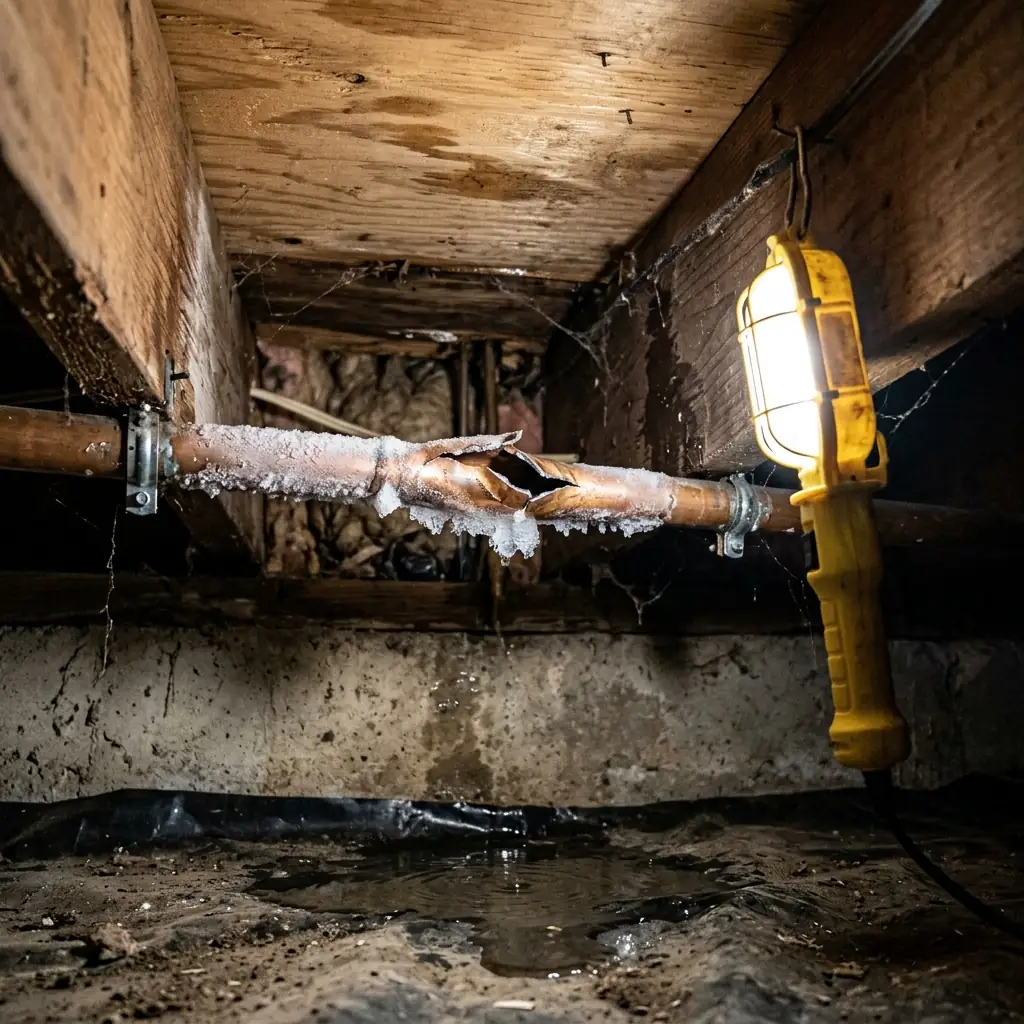A frozen, burst copper pipe in a crawl space, a common winter risk in Keller