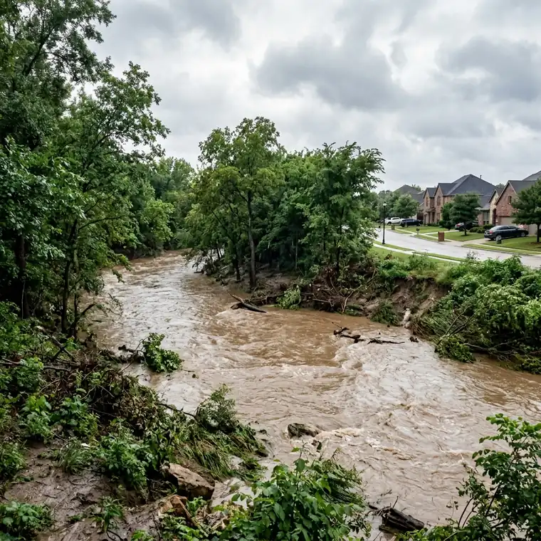 Big Bear Creek running high after heavy rain near Keller, illustrating local flash-flood risk