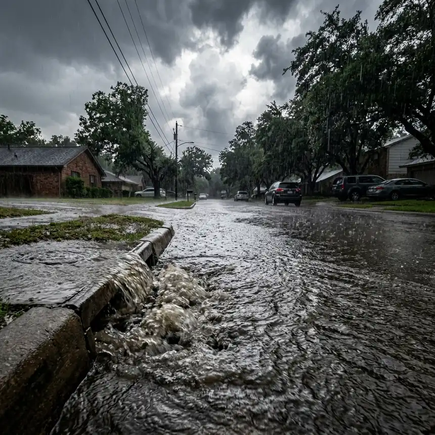 A storm drain overflowing during heavy rain in Keller, a common cause of water damage