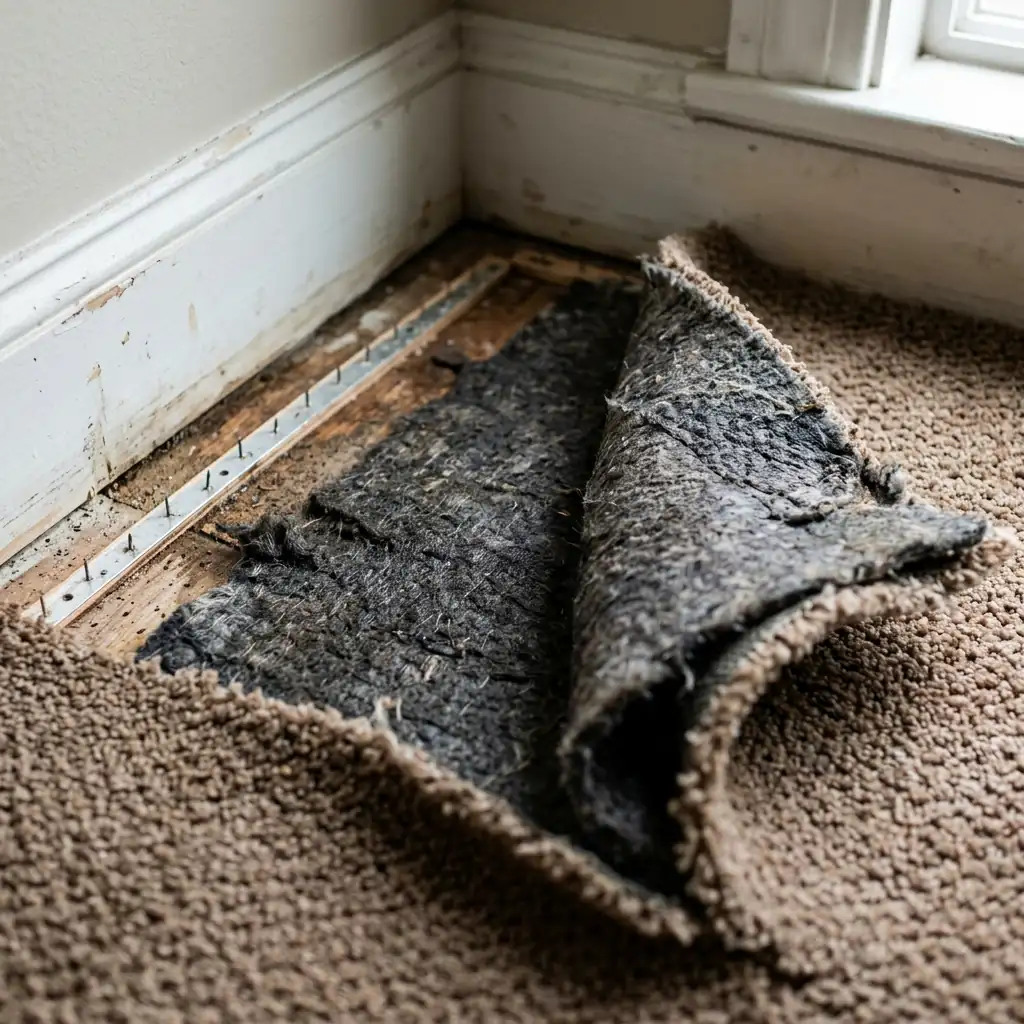 Water damaged carpet peeled back from the tack strip, illustrated in Keller