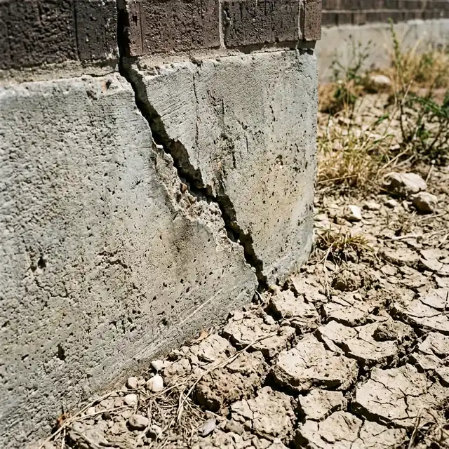 A slab foundation crack from clay soil movement, illustrated in Keller