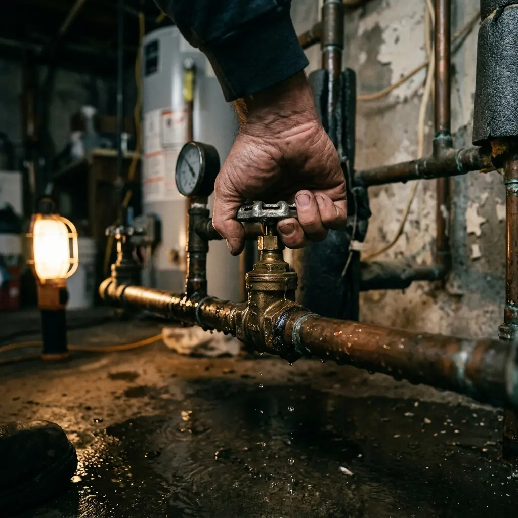 A hand shutting off a residential water valve during a water damage emergency in Keller