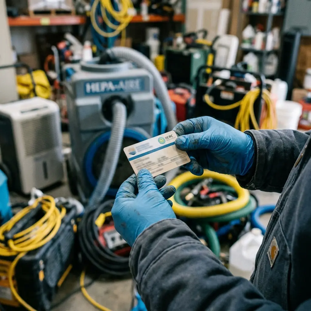 An IICRC certification card held by a restoration technician in Keller