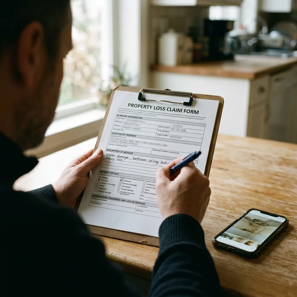 A homeowner filling out a water damage insurance claim form in Keller