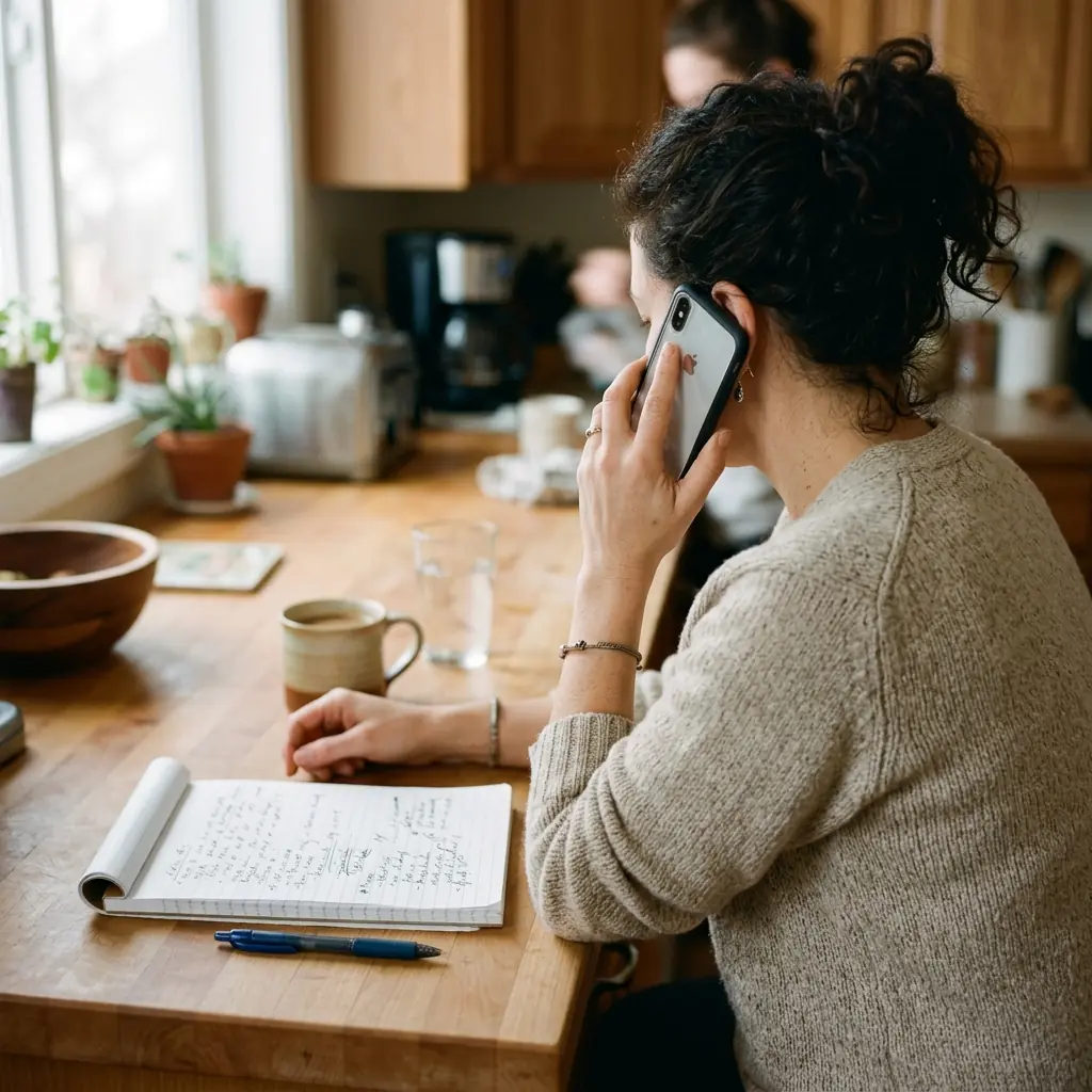 A homeowner taking notes on the phone before hiring a water damage contractor in Keller