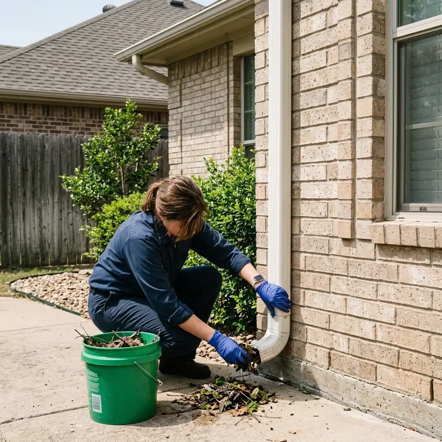A homeowner clearing a gutter downspout as preventive maintenance in Keller