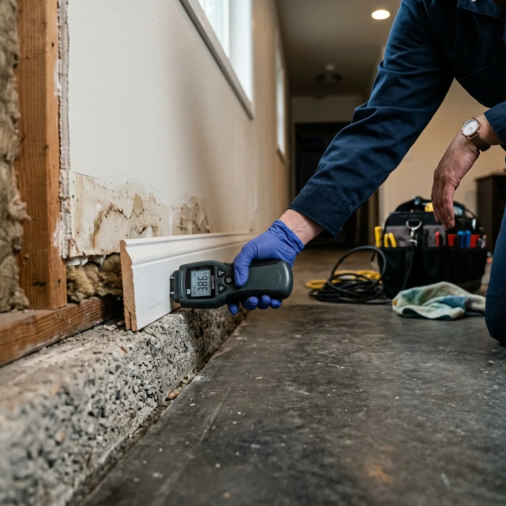 A technician checking a slab foundation edge for moisture in Keller