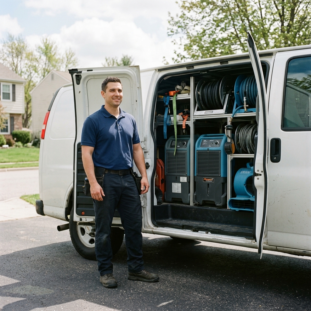 A water damage restoration technician in Keller, ready to respond with fully equipped service vehicles