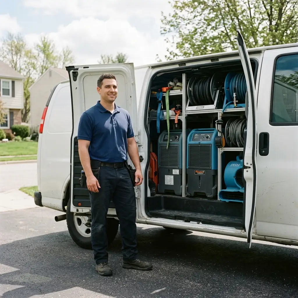 A water damage restoration technician in Keller, ready to respond with fully equipped service vehicles